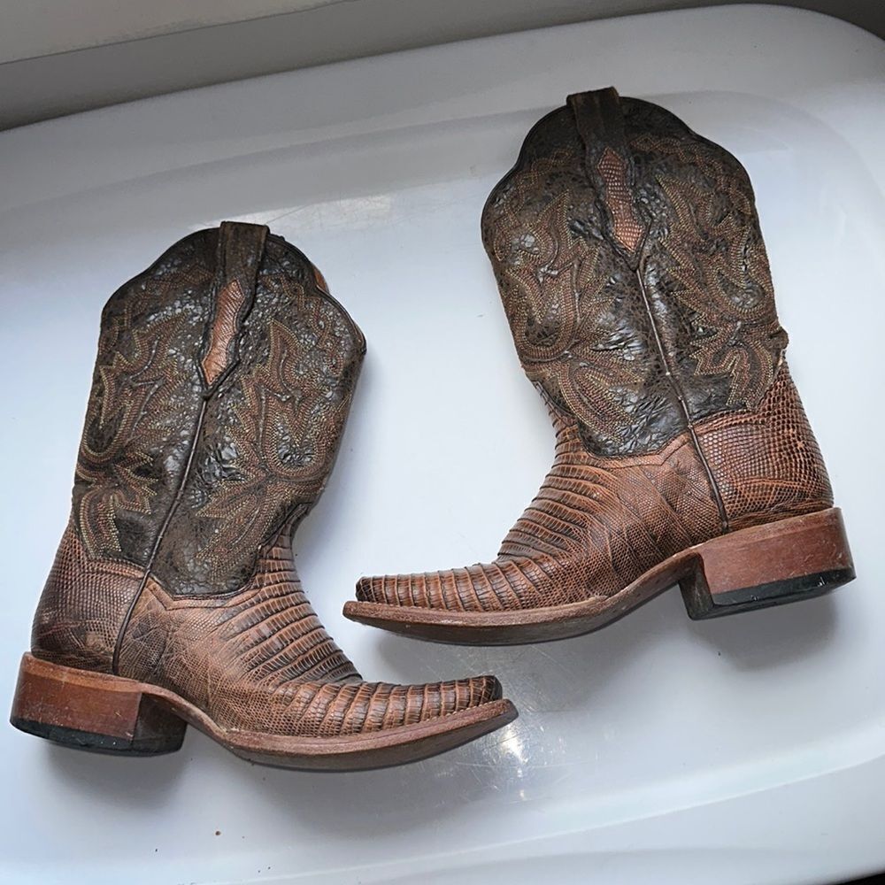 Dan Post square toe brown low heeled mid calf cowboy western boots DP 3426‎